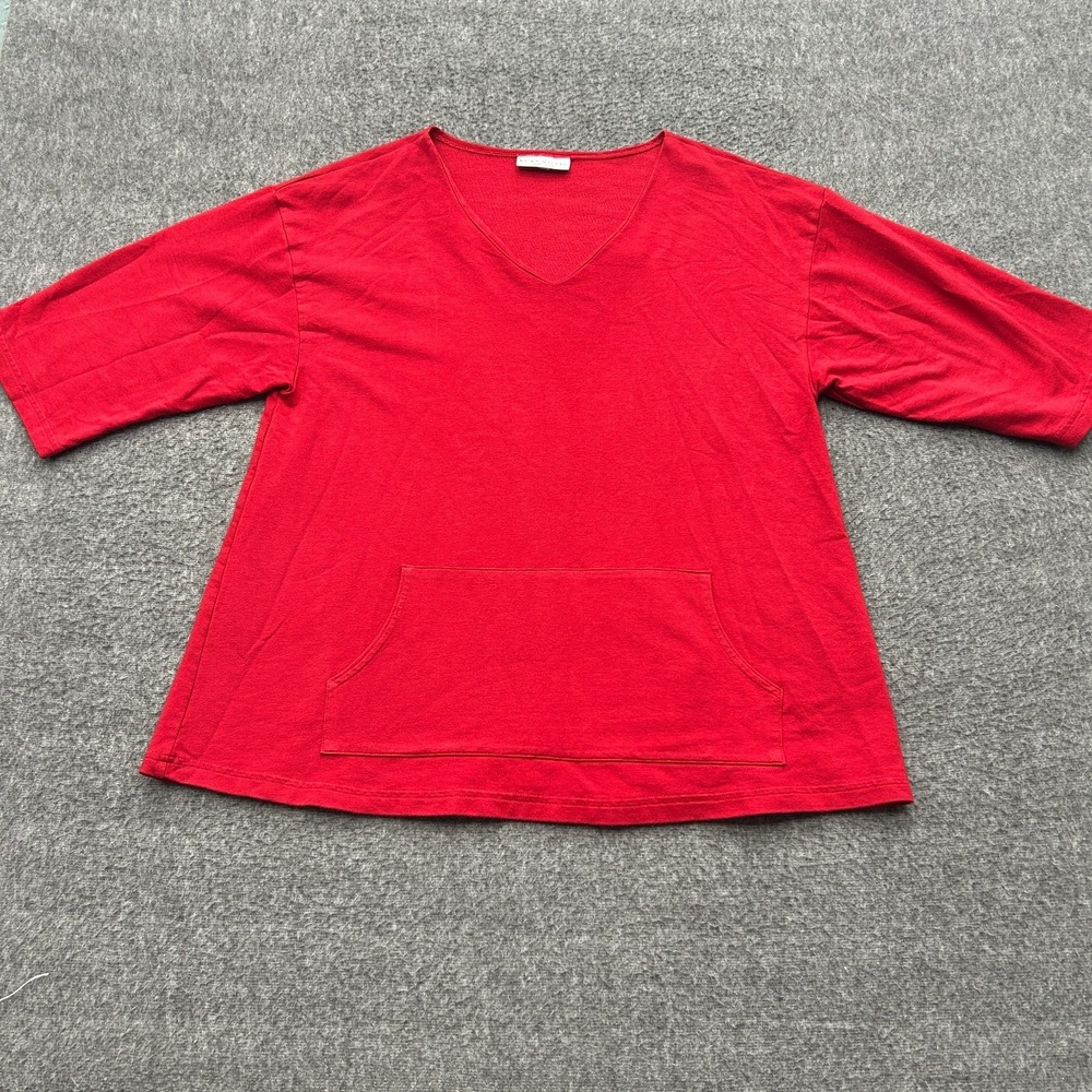 Bryn Walker Bamboo Cotton Knit Tunic Top Red V-Neck Kangaroo Pocket Small Lagen